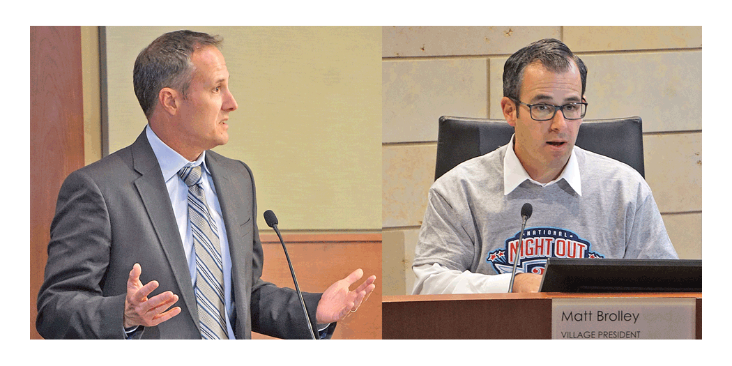 Scott Shelton, left, representative for homebuilder Ryan Homes, answers questions by trustees at the Montgomery Village Board meeting Monday.