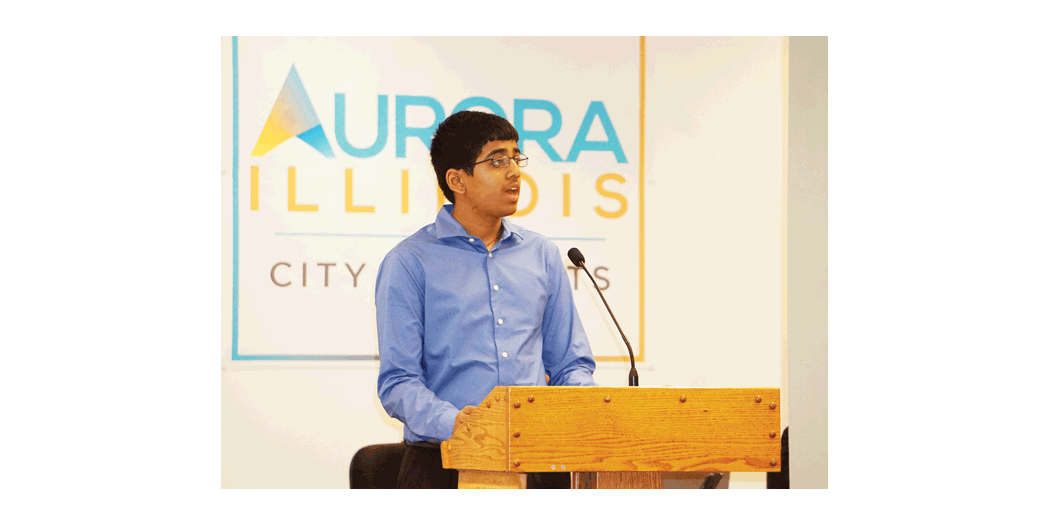 Oswego East High School freshman Akshar Kota requests the city of Aurora government consider using solar street lights