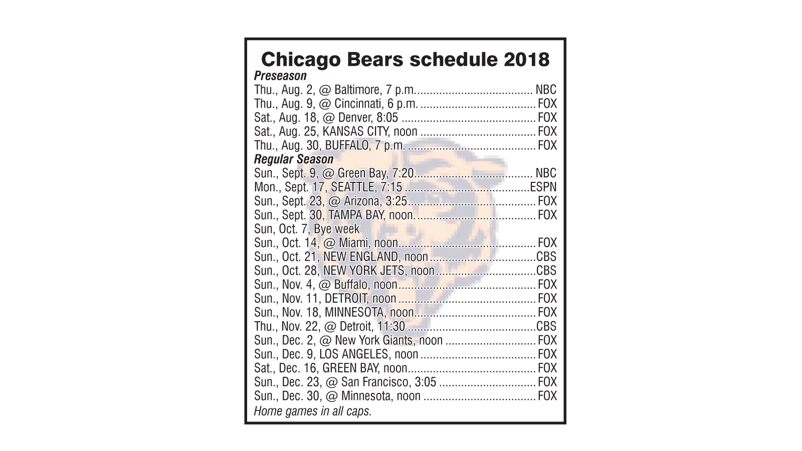 Chicago Bears 2018 Schedule