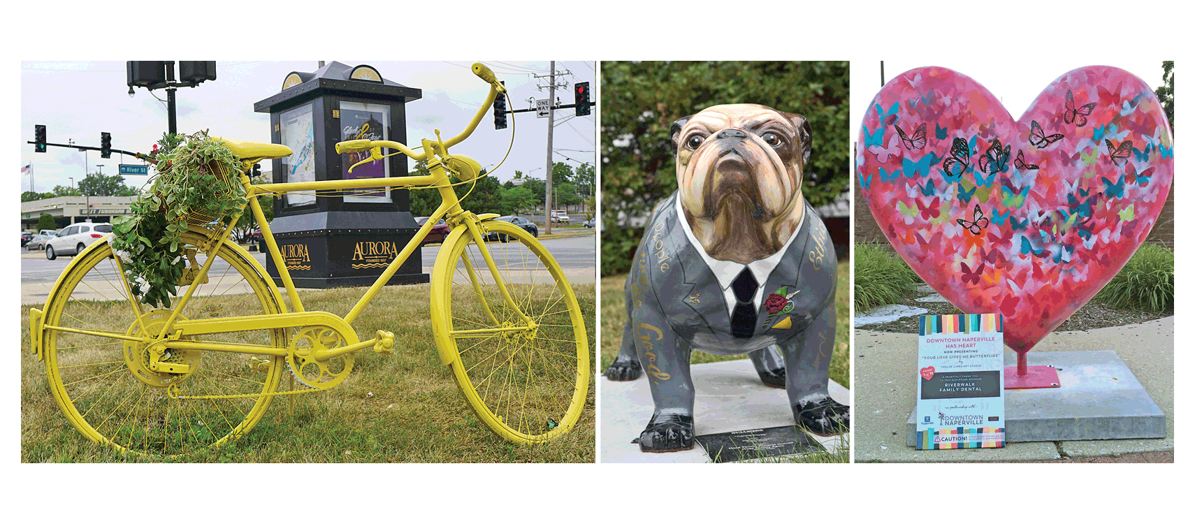 Downtown public art creates serenity, controversy, in Aurora Bikes in Bloom, left; Naperville Has Heart, lower left; and Batavia Bulldogs Unleashed, lower right.