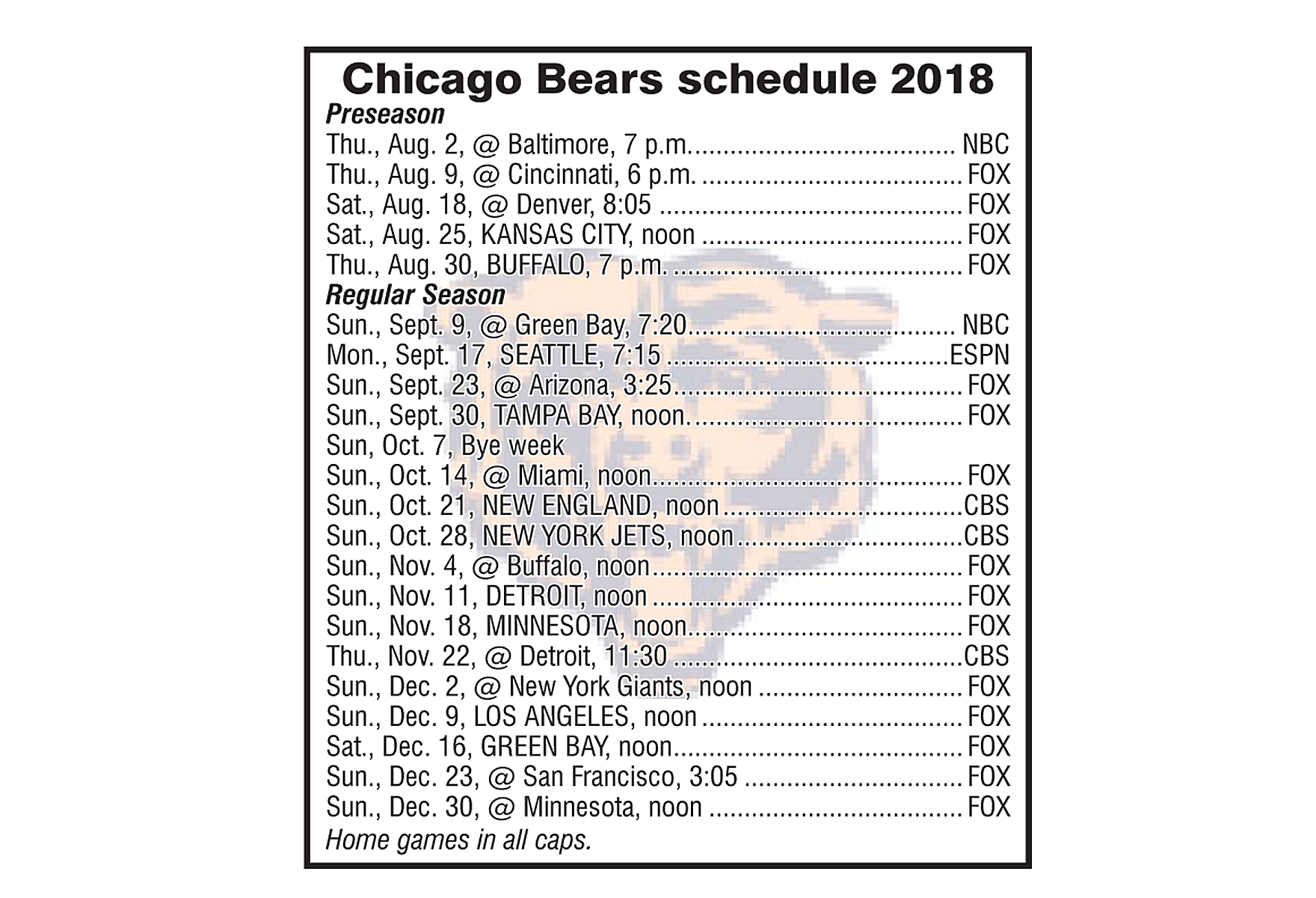 Chicago Bears 2018 Football Schedule
