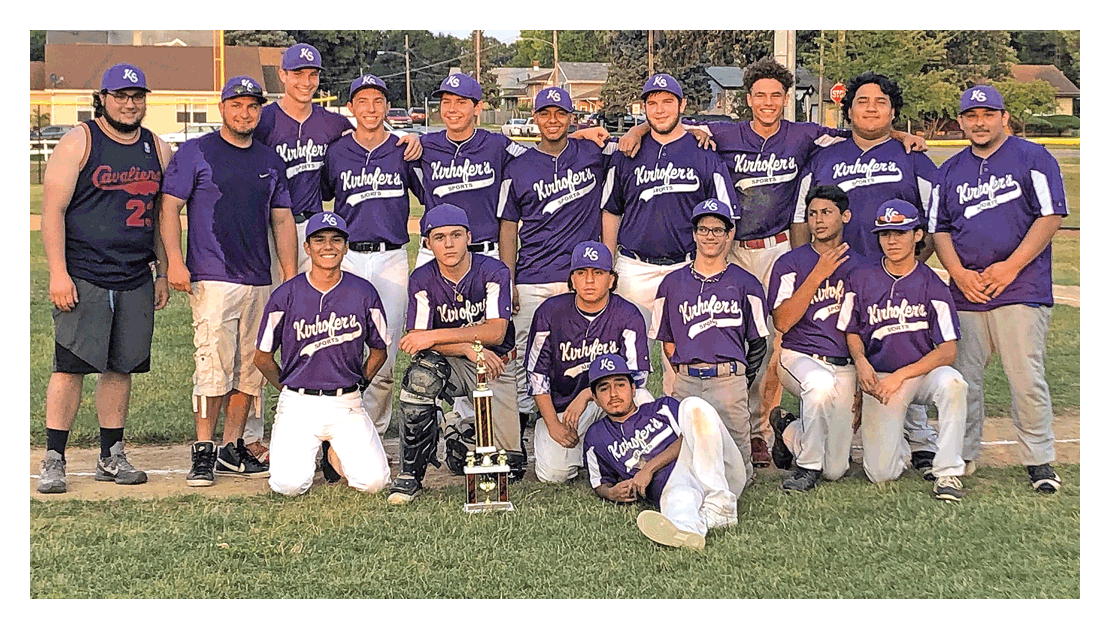 Kirhofer's Sports champion: Kirhofer's Sports Aurora American Legion League baseball team members pose for photos shortly after capturing the 2018 playoffs championship Friday. Kirhofer's Sports defeated New Life Mechanical, 5-0, in the championship game at Solfisburg Park's Joe Bernard Field in the John Galles Sports Complex in Aurora. Joe Healy photo