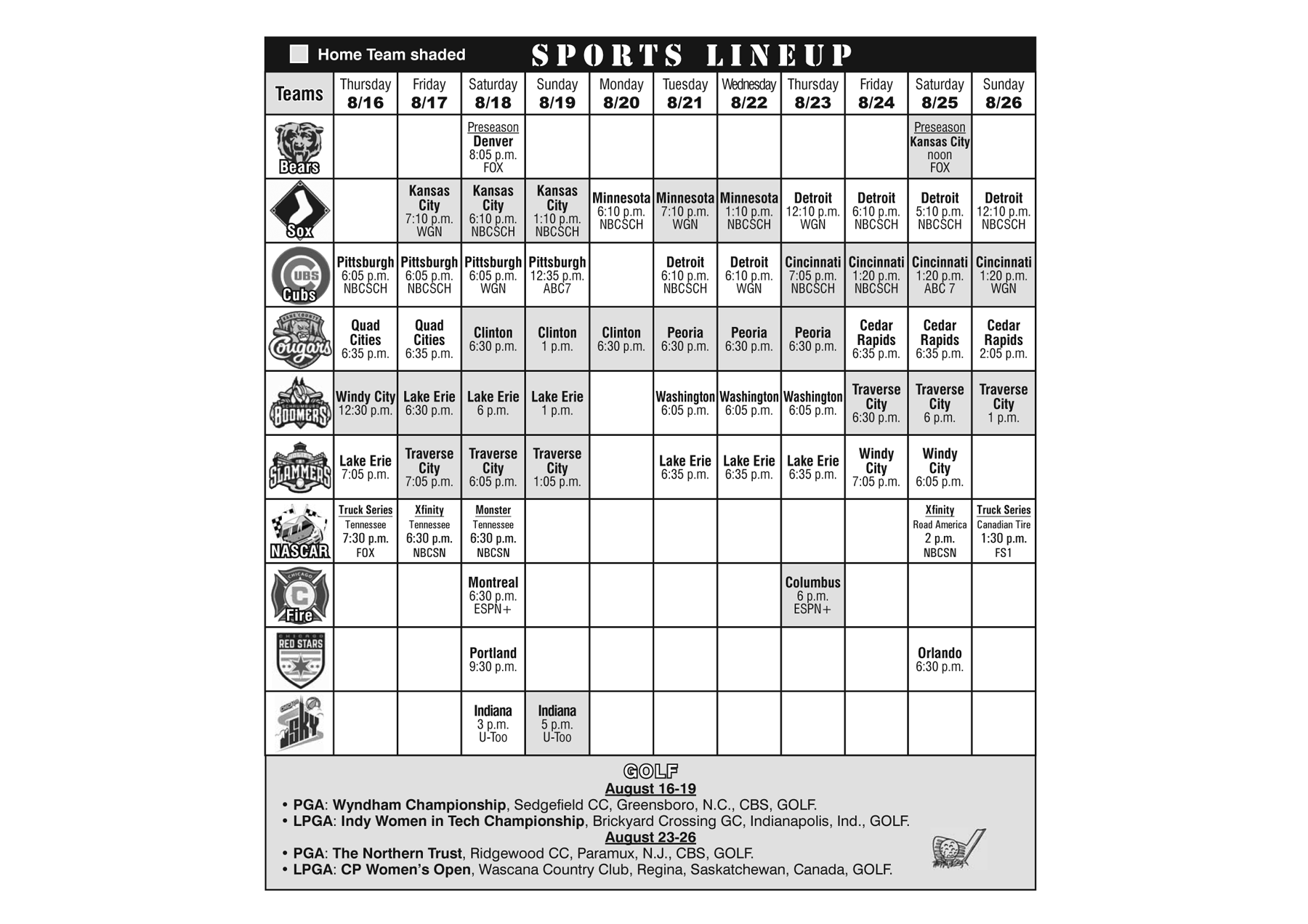 Sports Lineup as of August 16, 2018