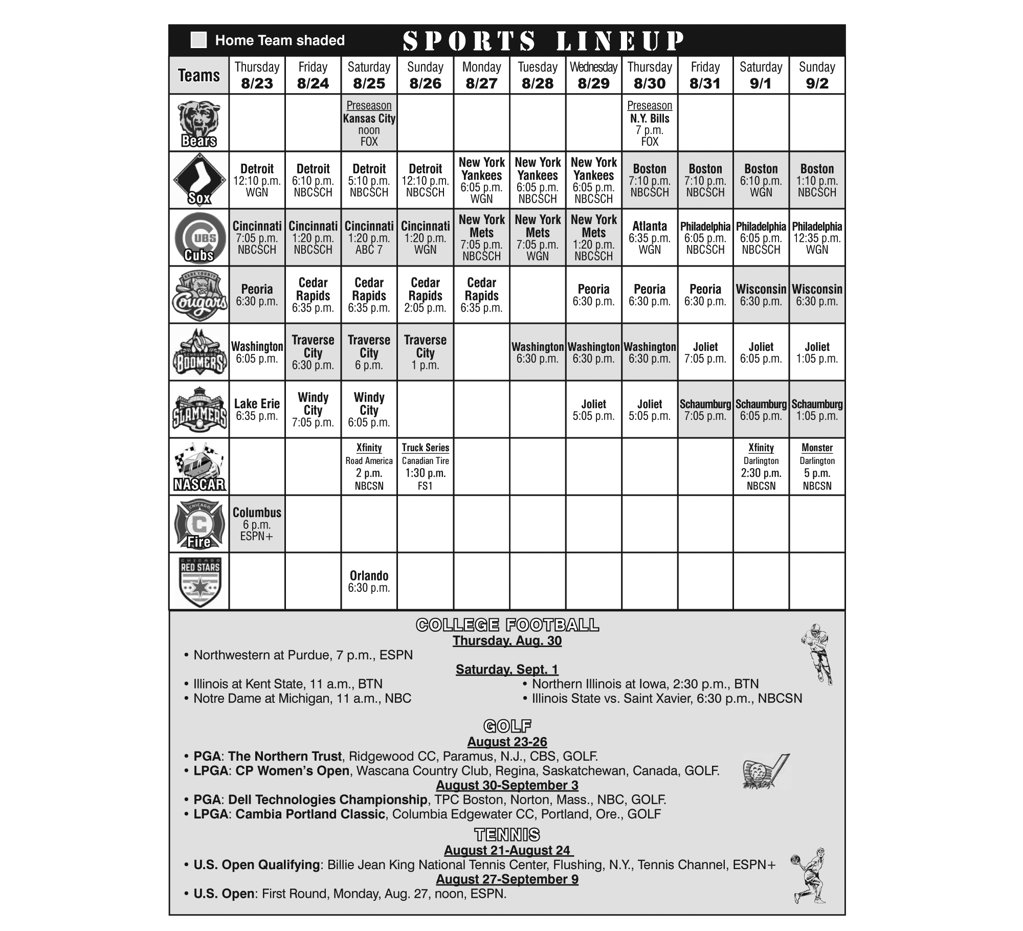 Sports Lineup August 23 2018