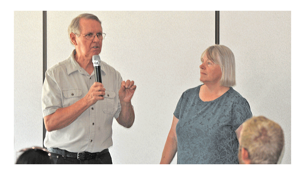 Bob and Kathy Andrini share their knowledge of 46 species of birds at the Kiwanis Club of Aurora Tuesday at the Prisco Center in Aurora.