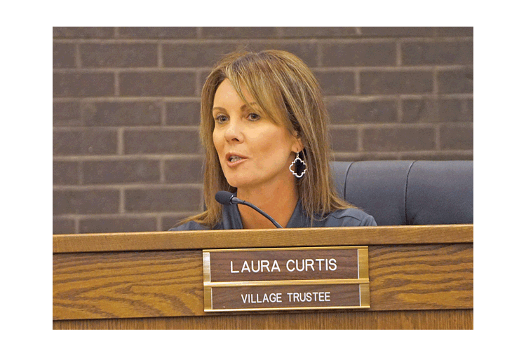North Aurora Village trustee Laura Curtis expresses interest at the North Aurora Village Committee of the Whole meeting Monday in having the permit to replace front doors eliminated.