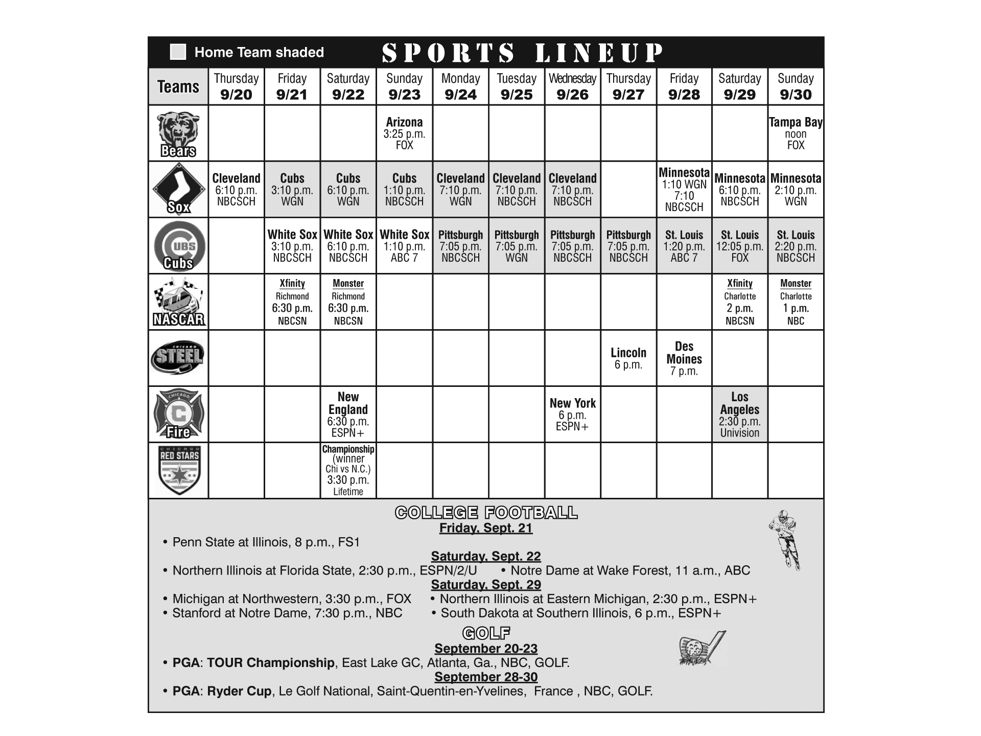 Sports Lineup 9-20-18 through 9-30-18