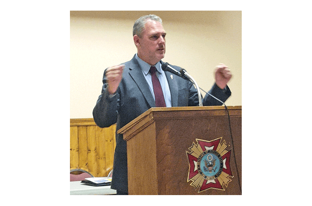 State representative Keith Wheeler offers remarks at a recent gathering of the Fox Valley Veterans Breakfast Club. The next meeting will be at 7 a.m. Thursday, Sept. 20. harveygoodwin.com photo