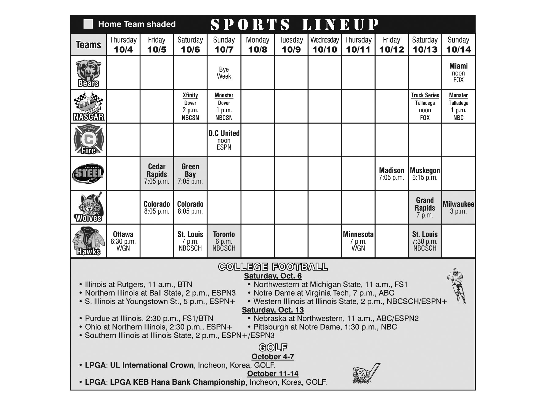 Sports Lineup 10-4-18