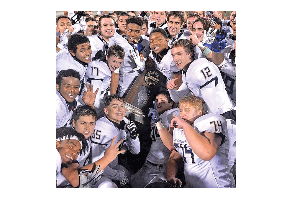 IC Catholic Prep champion: The Knights celebrate a State championship in Class 4A football Friday following a 31-21 victory over McNamara at the University of Illinois in Champaign/Urbana. IC Prep in Elmhurst won a third successive championship and fifth overall. IC Catholic Prep photo