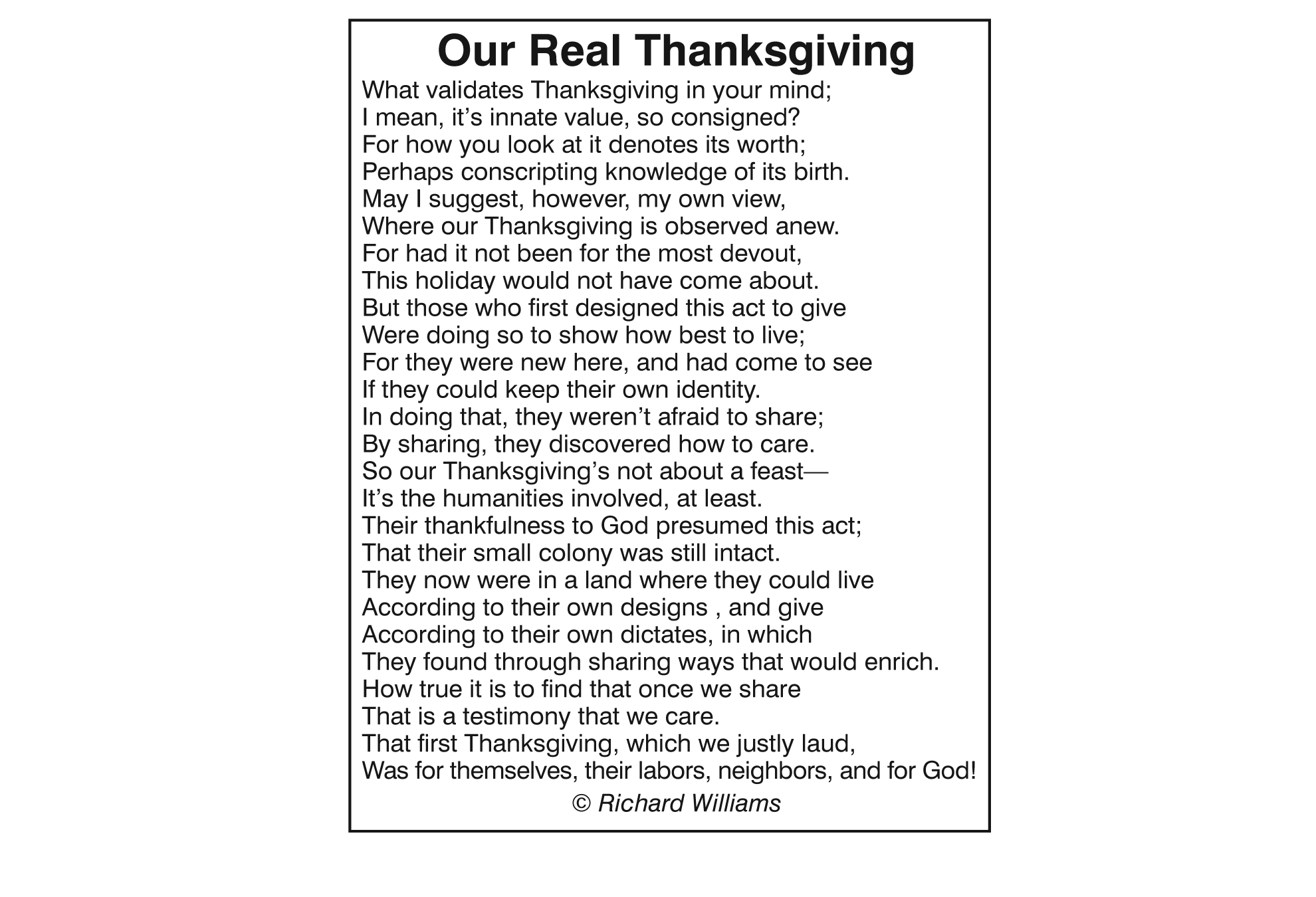 Richard Williams Poem - Our Real Thanksgiving 11-22-18