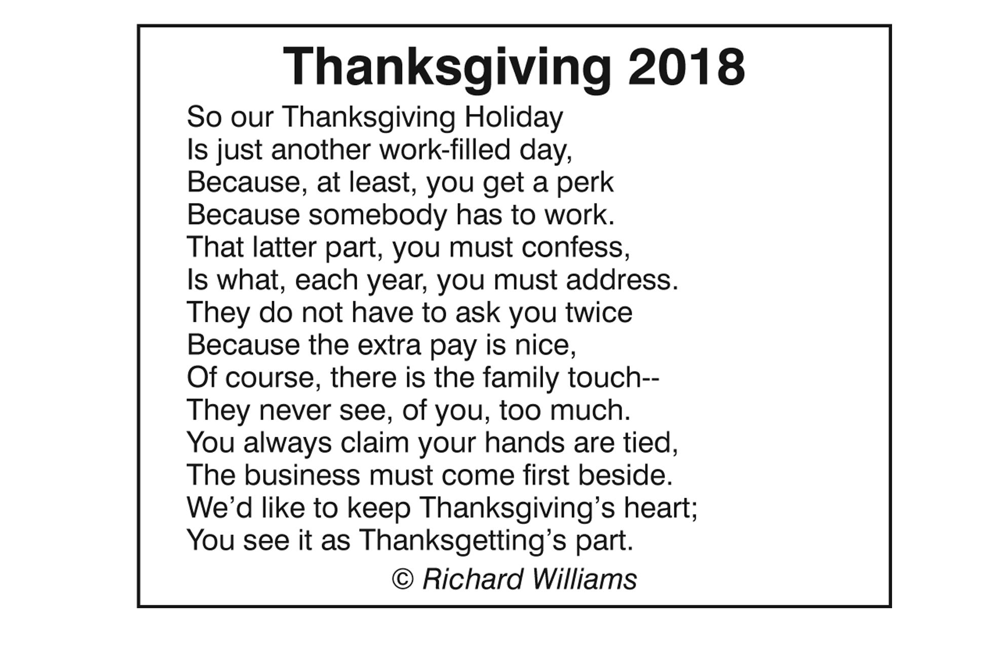 Richard Williams Poem: Thanksgiving 2018