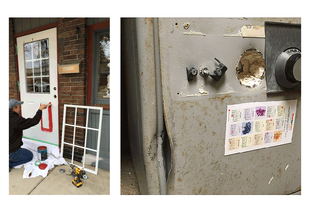 Ryan Reuland paints door after burglar(s) broke in. The burglary was thwarted due to an alarm