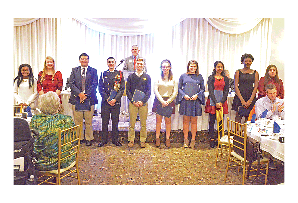 Ten Aurora area high school youths were honored with Brattin Community Service Awards at the annual Pearl Harbor Day luncheon Monday at Gaslite Manor Banquets in Aurora. From left are Janice Sefah, Yorkville; Christina Schulenberg, Aurora Christian; Fabian Rangel, Marmion Academy; Javier Munoz, East Aurora; Robert McCarthy, Aurora Central Catholic; Alaina Fleming, Rosary; Emma Gatz, Metea Valley; Shruti Kolli, Waubonsie Valley; Cassandra Kuissi, Illinois Mathematics and Science Academy; and Araceli Mercado, West Aurora. Aurora Navy League 247 sponsors the annual luncheon to honor Pearl Harbor survivors and World War II veterans. Al Benson/The Voice