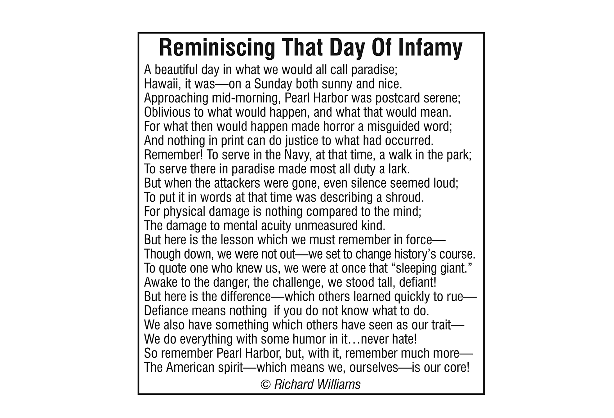 Richard Williams Poem - Reminiscing That Day of Infamy 12-6-18