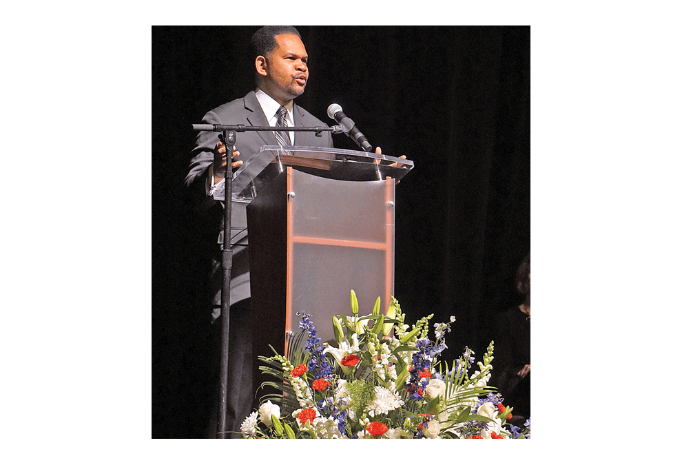 Mayor Richard Irvin of Aurora delivers the City of Aurora Remembrance at the Thomas J. Weisner Celebration of Life at the Paramount Theatre Monday. Weisner passed away December 28, 2018. He was elected to three terms as mayor of Aurora. Jason Crane/The Voice