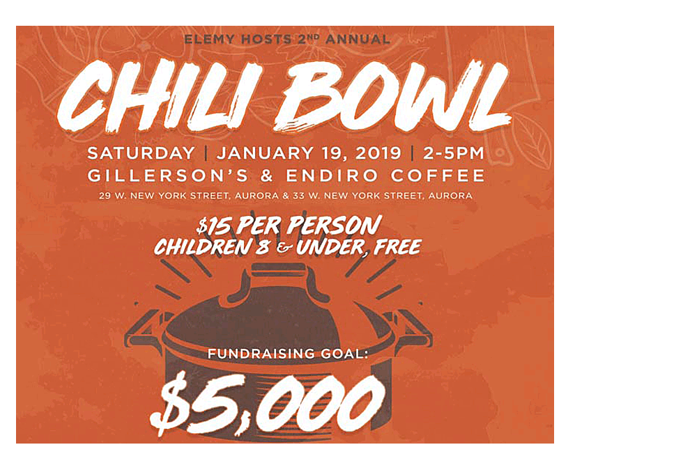 ELEMY, LLC will be host to the Second Annual ELEMY Chili Bowl to benefit World Relief DuPage/Aurora from 2 p.m. to 5 p.m. Saturday, Jan. 19 at Gillerson’s Grubbery, 33 W. New York Street, and Endiro Coffee, 29 W. New York Street, each in downtown Aurora.