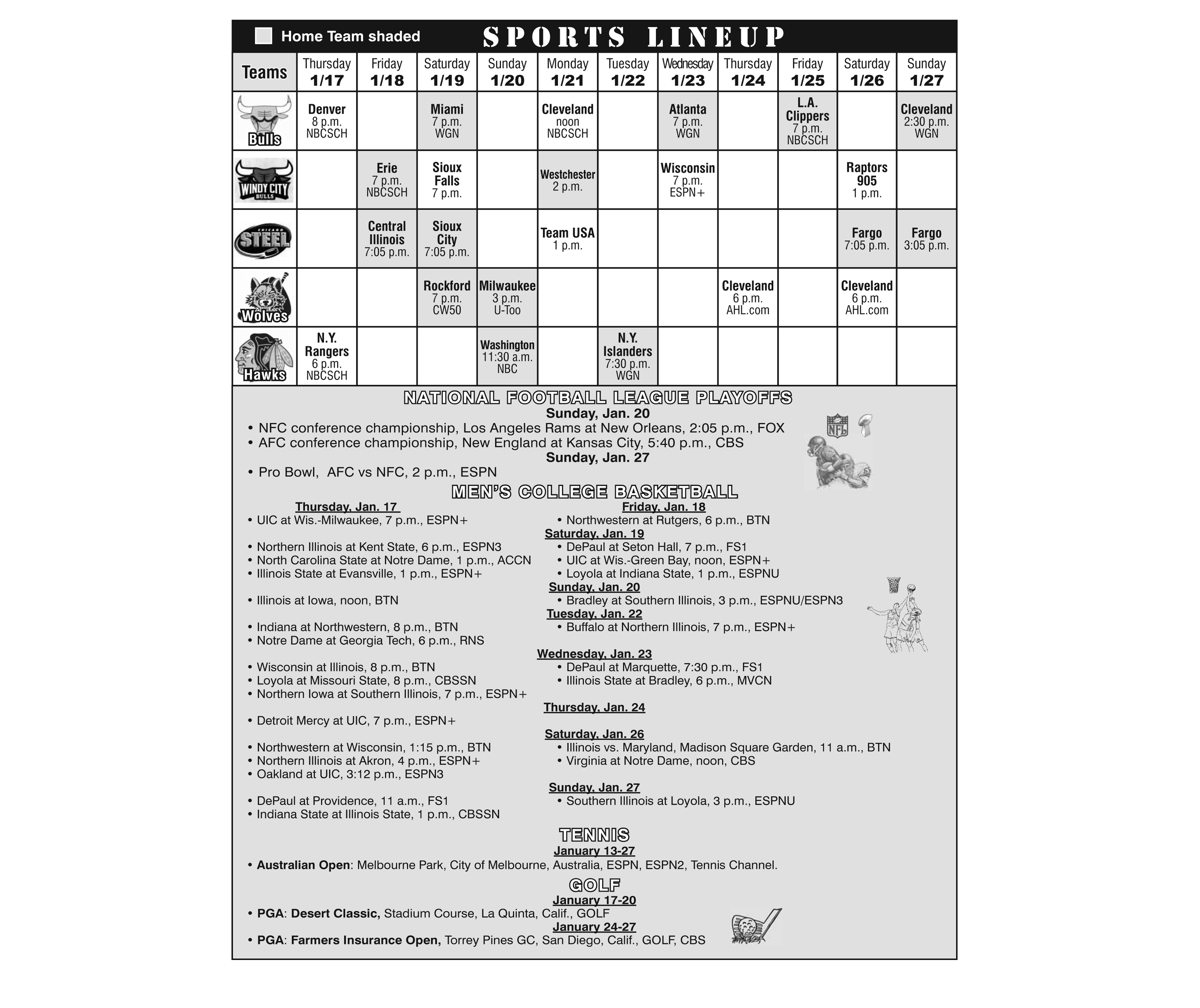 Sports Lineup January 17, 2019 through January 27, 2019