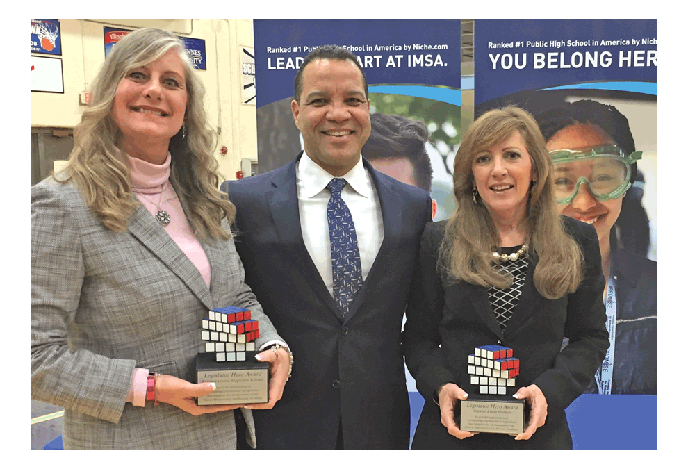 From left, Stephanie Kifowit, House of Representatives; IMSA president Dr. José M. Torres and State senator Linda Holmes, who received IMSA’s Legislator Hero Award January 23. Submitted photo