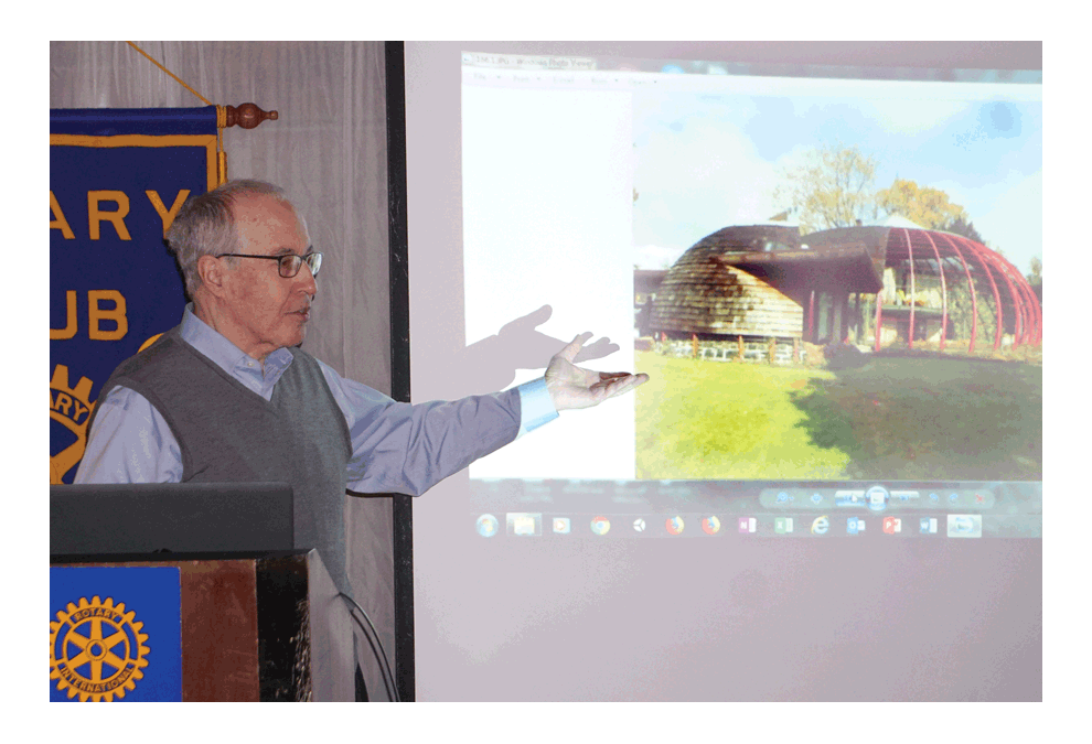 Sidney Robinson, owner of the well-known Ford house in Aurora, shares history of his home on Edgelawn Avenue Monday with the Rotary Club of Aurora. Robinson purchased the house known as Aurora’s other roundhouse in the mid-1980s made from materials including coal and green glass. The two-bedroom, 1,600 square foot house, was designed by architect Bruce Goff and built in 1949-50 for painter and art teacher Ruth VanSickle Ford and her husband, civil engineer Sam Ford. Robinson, an architecture professor said when he moved to Illinois from Iowa he saw the house and had to have it. The house has been featured many times, including in Life Magazine in 1951 and placed on the National Register of Historic Places in 2016. Jason Crane/The Voice