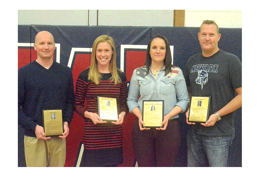 West Aurora High School 2019 Sports Hall of Fame Saturday, Feb. 9, inductees include, from left Evan Parr, from the town in Illinois of Virginia, Class of 2001, swim team athlete; Jonna Schwartz, Clancy, Mont., Class of 2002, tennis; Megan Brooks Leadbetter, Aurora, Class of 2003, tennis and softball; and Brett Brown, Newark, Class of 1989, golf, basketball, and baseball. The four were inducted prior to the West Aurora varsity game against Plainfield East. The first class inducted by West Aurora was in 1988 with 10 members. Al Benson/The Voice