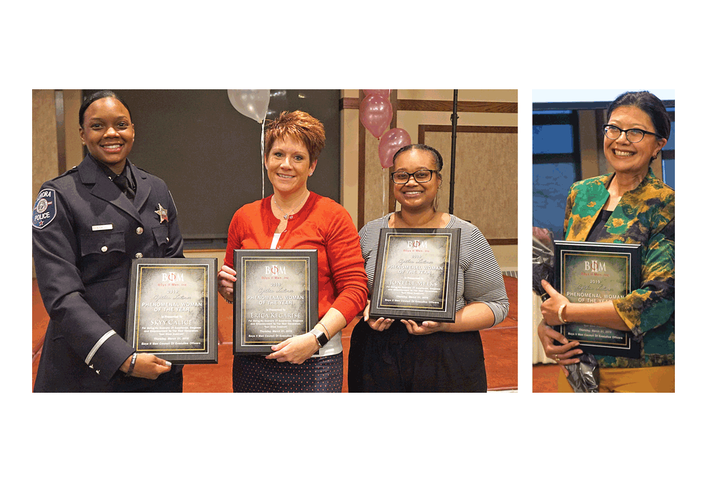 Four women show plaques they received at the 2019 Phenomenal Woman of the Year Award seventh annual event Thursday, March 21 presented by Boys II Men at Piper’s Banquets in Aurora. The recipients, from left, are, Skyy Calice, Erica Kegarise, Jonelle Meeks, and Karina Villa. The theme was, “Your Glow Inspires” and the video can be seen at facebook.com/thevoice.us. Jason Crane/The Voice