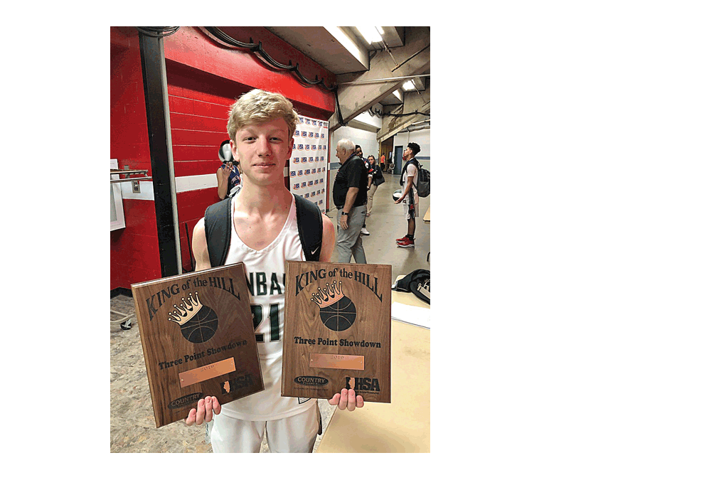 Carter Lindstrom of Glenbard West High School shows plaques he won Saturday at the Illinois High School Association King of the Hill three-point shooting at the State tournament in Peoria at Carver Arena. He won the Class 4A competition for biggest schools. There were competitors from three other classes. Glenbard West High School photo