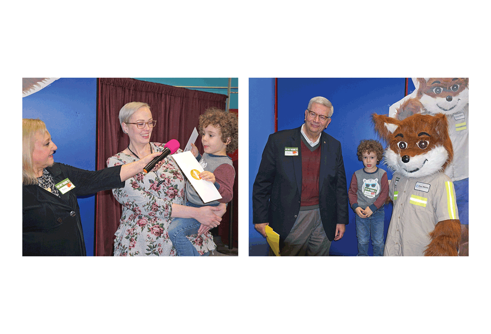 Fox Metro’s mascot receives the name of Felix which was chosen by Leo Blau in a drawing. He is in each photo. Blau, 3, is from Sandwich. His mother, holding him in left photo, Andrea Herrington, is an East Aurora High School graduate. Judith Sotir, left, is Fox Metro Board president. Pat Devine of Fox Metro is in right photo. Carter Crane/The Voice