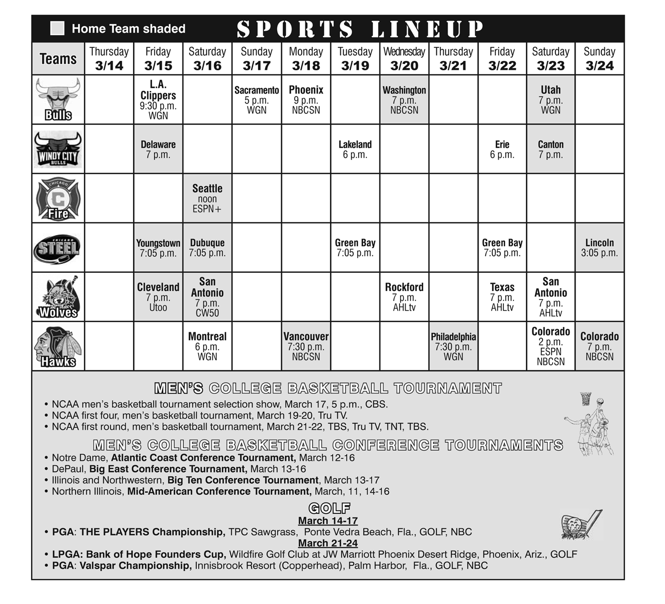 Sports Lineup March 14, 2019 through March 24, 2019