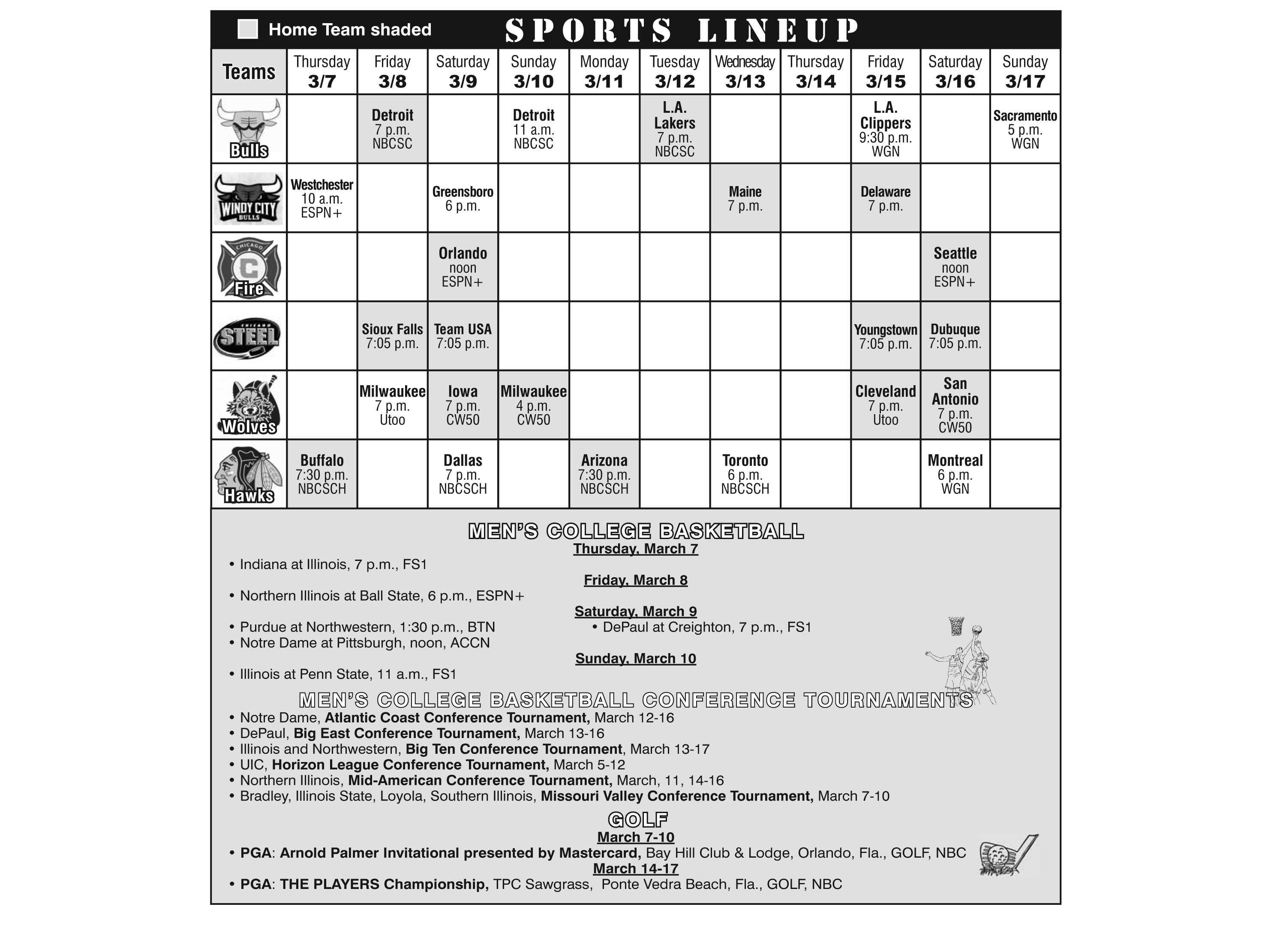 Sports Lineup March 7, 2019 through March 17, 2019