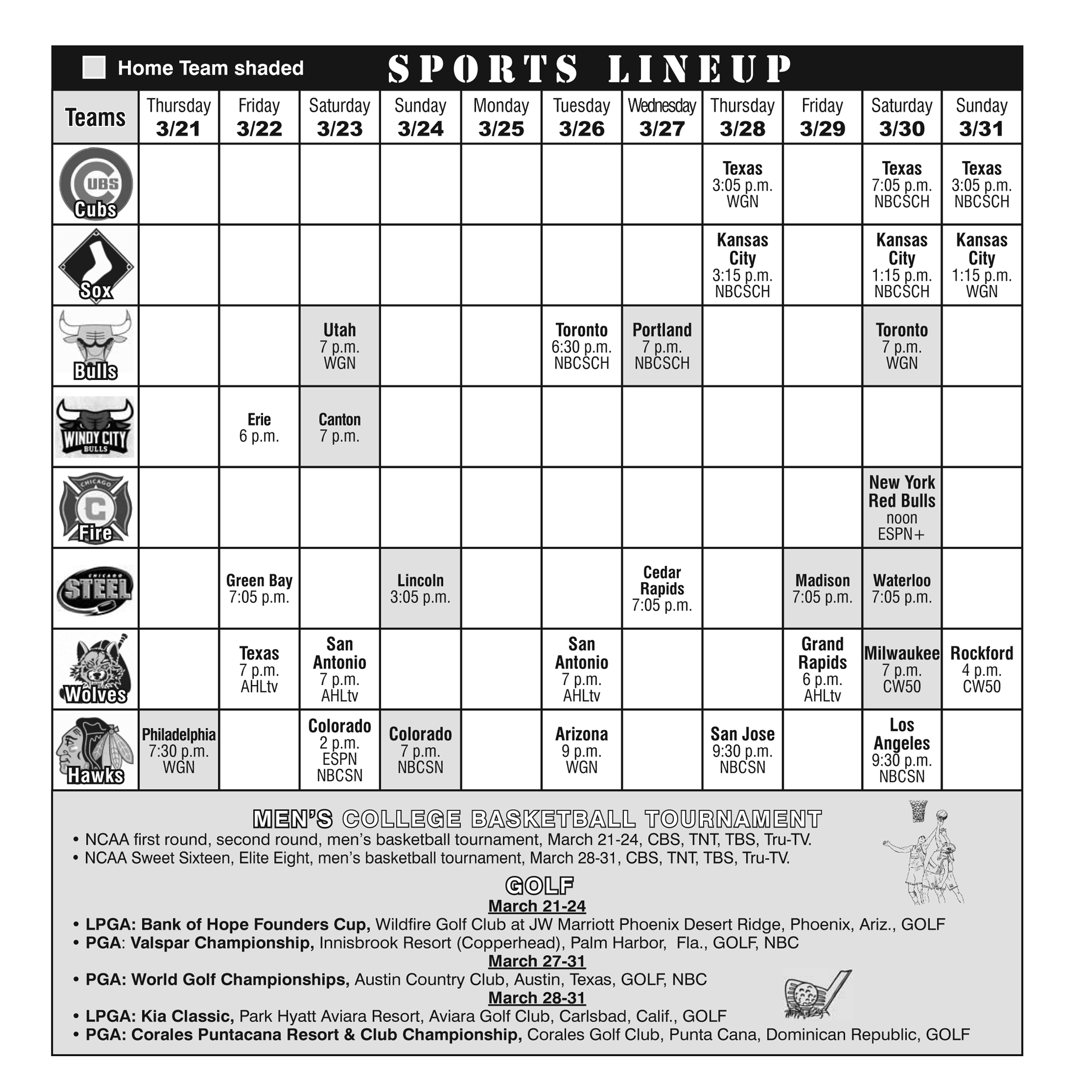 Sports Lineup March 21, 2019 through March 31, 2019