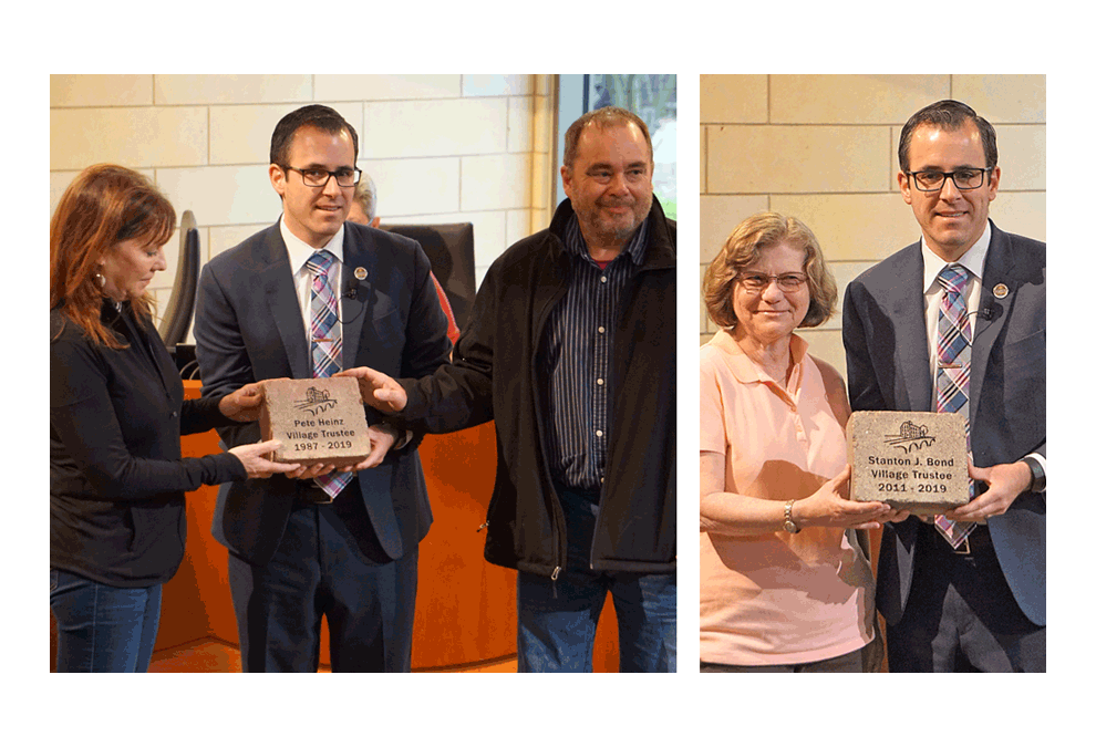 Gina Moga, left, and Jody Heinz, right, in photo to the left, receive a commemorative brick for the paved walkway outside of Village Hall in recognition of Pete Heinz, their father, and his time as a trustee on the Village Board, 1987-2019. Village Board president Matt Brolley makes the presentation at Monday’s Village Board meeting. Pete Heinz was not at the meeting due to illness. In right photo, Marion Bond, accepts a brick for the service of her late husband, Stan Bond, who served on the Board, 2011-2019. Jason Crane/The Voice