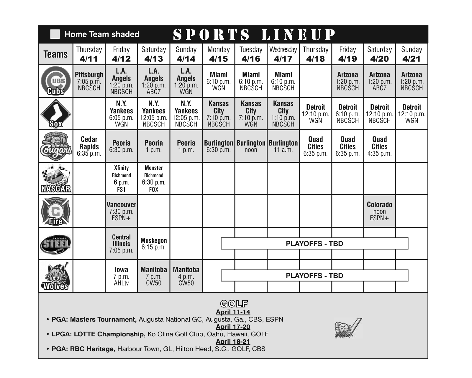 Sports Lineup April 11, 2019 through April 21, 2019