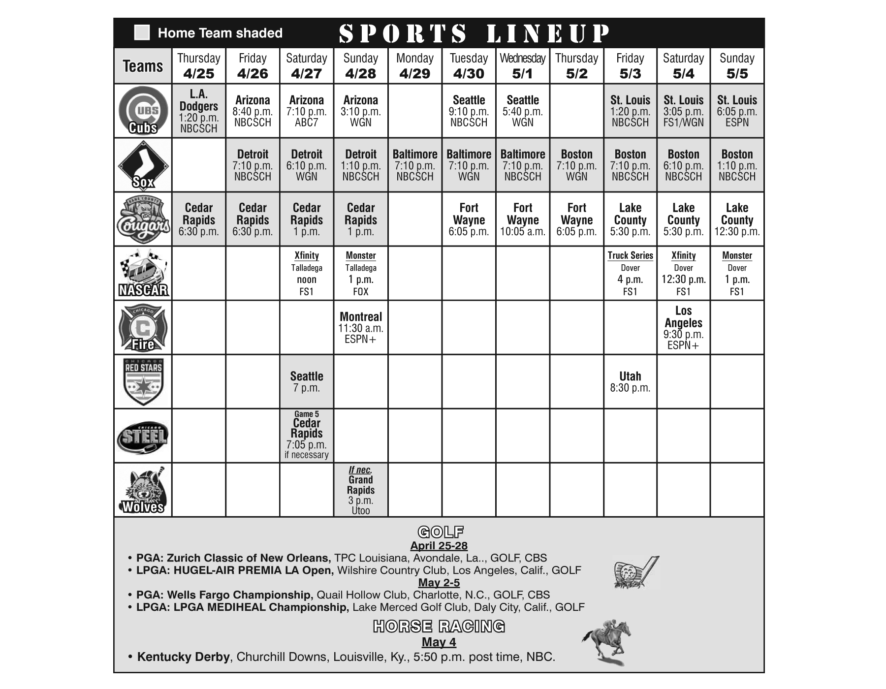 Sports Lineup April 25, 2019 through May 5, 2019