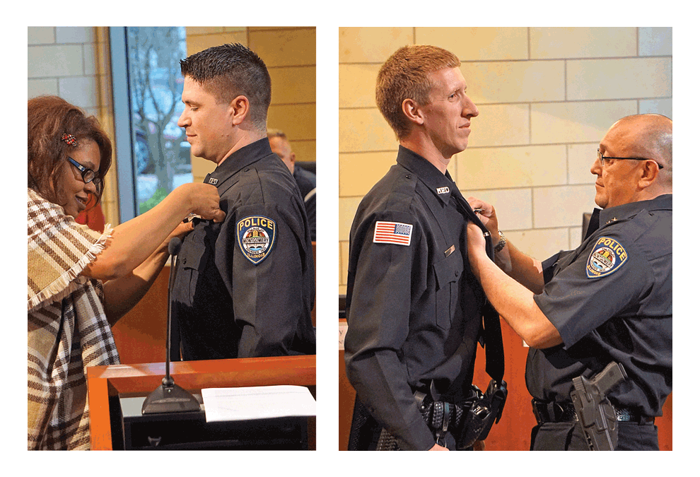 Montgomery officers receive badges: Two police officers in Montgomery receive their badges at the Montgomery Village Board meeting Monday at the Village Hall following a swearing-in ceremony by Village Board president Matt Brolley. Left, Eboni Lankard places a badge on her husband, Jason Lankard. Right, Scott Meyn receives his badge placement from Armando Sanders, deputy chief. Jason Crane/The Voice