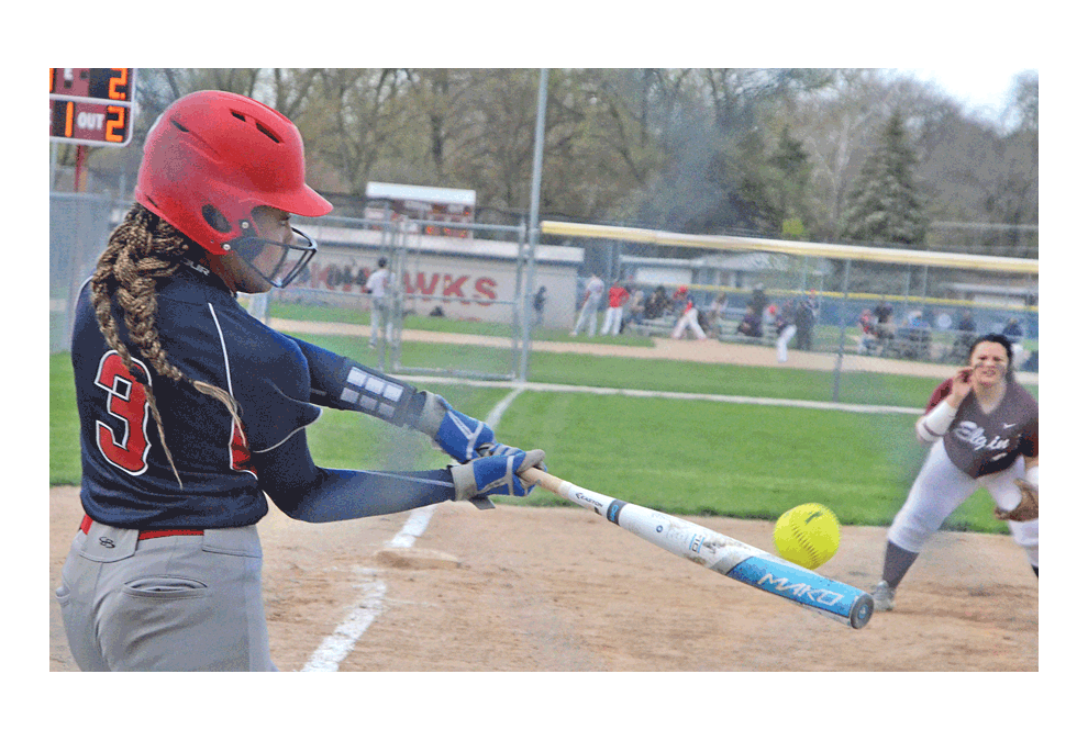West Aurora High School right fielder Marissa Stinson, 3, connects Tuesday in her team's 16-1 victory over visiting Elgin. Al Benson/The Voice