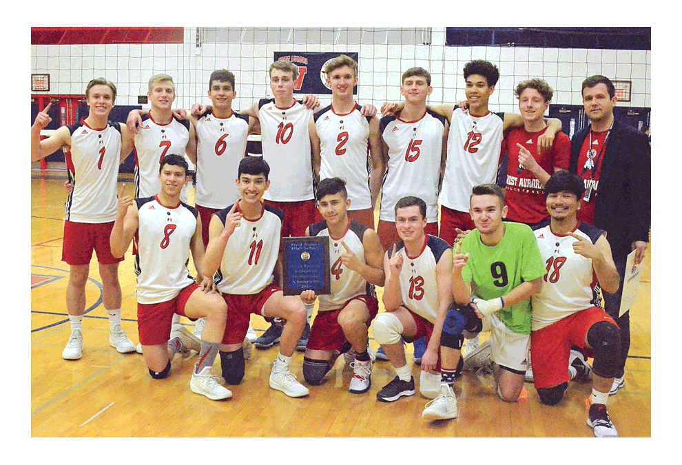 Blackhawk tournament champion: West Aurora boys volleyball team members pose with the plaque after capturing the Gold Medal championship match against Wheeling Saturday in the 12-team Blackhawk invitational in which West Aurora was host. The Blackhawks will participate in the Glenbard East Springfest tournament Saturday. Al Benson/The Voice