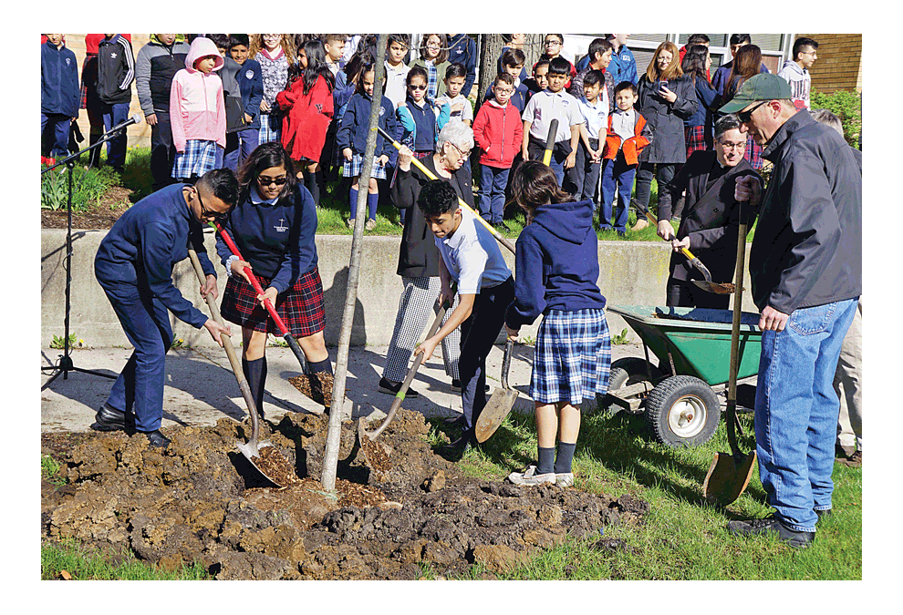Students from Pope St. John Paul II South Campus add shovels of dirt to the Red Oak tree planted and sponsored by the city government of Aurora on Arbor Day, the fourth Friday of April each year.