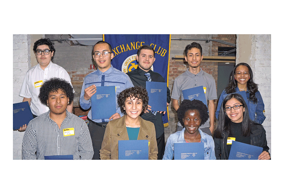 Exchange Club of Aurora nine scholarship recipients from Aurora schools pose at the annual Scholarship Award Luncheon, Tuesday, at Support Techs - Gallery 1904, 1 E. Benton Street, in Aurora. The A.C.E. Award (Accepting the Challenge of Excellence) honors students from East Aurora and West Aurora High Schools who have overcome significant challengea to earn high school diplomas. Many of the challenges the students and families faced were shared at the event, including health, poverty, and obstacles at a level most families do not encounter. The students’ efforts to overcome setbacks were applauded by members of the Exchange Club of Aurora. Recipients are, front row, left to right: Emerson Avila, West Aurora; Gabriela Rivera, East Aurora; Therese Solgos, West Aurora; Nina Zapeda, West Aurora; back row, left to right: Refugio Ocon, East Aurora; Gonzalo Magaña, East Aurora; Julian Torres, East Aurora; Jesus Gonzalez, West Aurora; Nya Nazario, West Aurora. Nya Nazario was nominated to be considered for the Lincolnland District's A.C.E. scholarship recipient for 2019. During her junior year, her mother was re-diagnosed with a rare form of brain cancer and her father was not part of her life. She lives with either her track coach's family or her grandmother, each in Chicago, and has an hour-and-half commute on public transportation each way. She excels both academically and on the track team. Jason Crane/The Voice