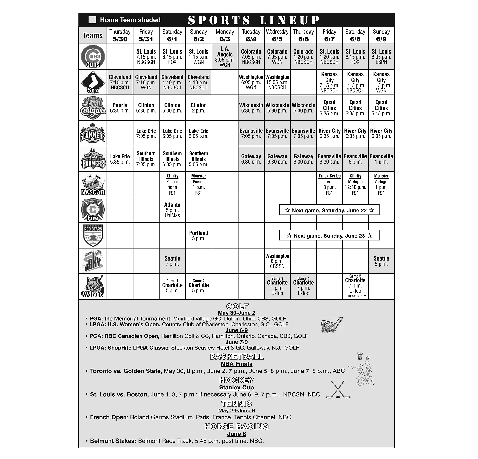 Sports Lineup May 30, 2019 through June 9, 2019