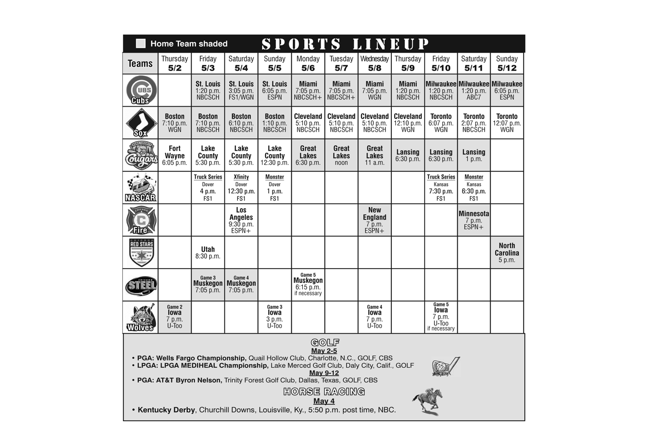 Sports Lineup May 2, 2019 through May 12, 2019