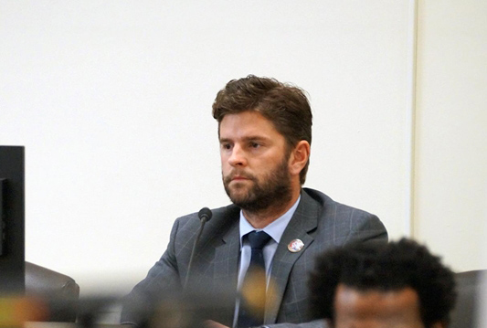 State Rep. Ryan Spain, R-Peoria, is pictured at the Joint Committee on Administrative Rules hearing Tuesday in Springfield. The committee objected to proposed permanent rules governing the state’s assault weapons ban, although the ban and registration requirement remains in place. (Capitol News Illinois photo by Peter Hancock)