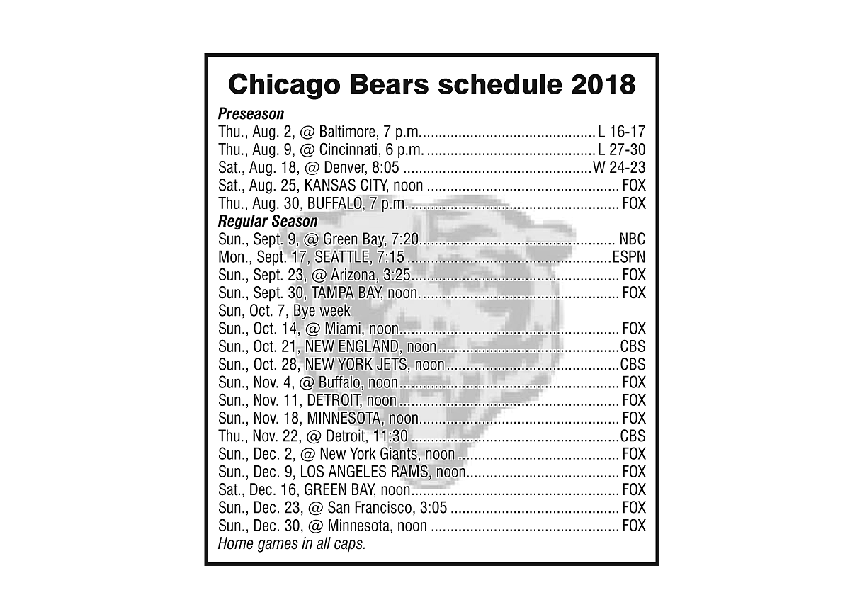 Chicago Bears schedule and results as of August 23, 2018
