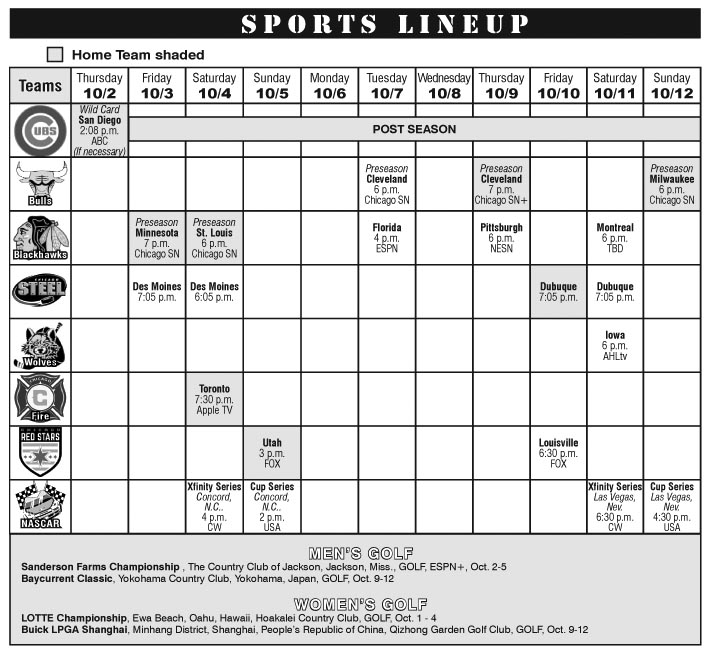 Sports Lineup October 2 through October 12 – The Voice